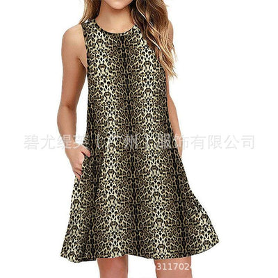 Sleeveless print pocket big round neck vest dress