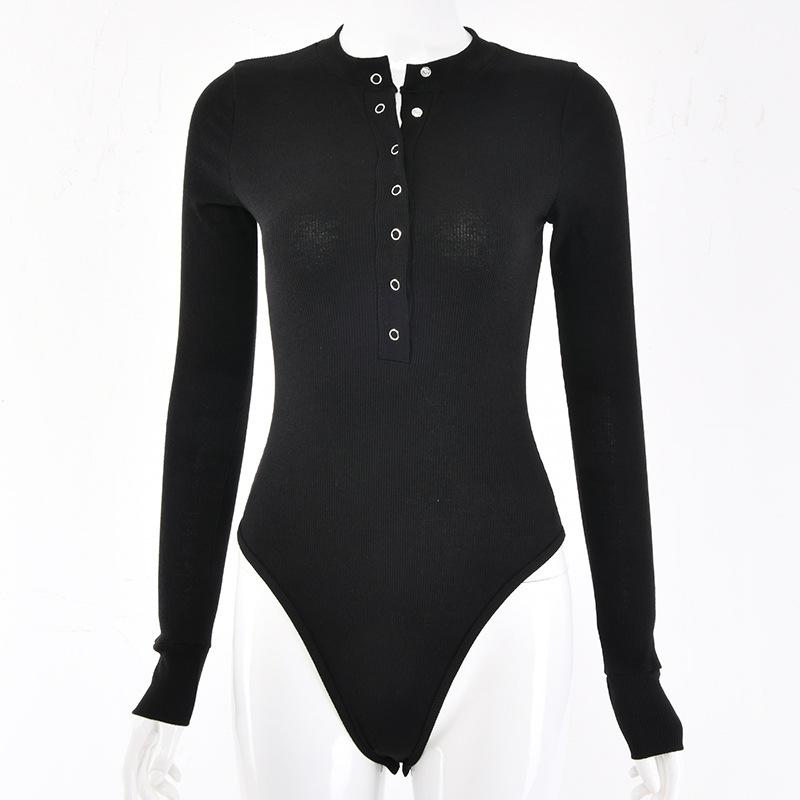 Single-breasted pit strip long-sleeved stretch jumpsuit